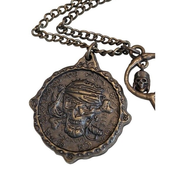 Official Disney The Pirates League Skull Medallion Skeleton Key Bronze Necklace - Picture 7 of 8